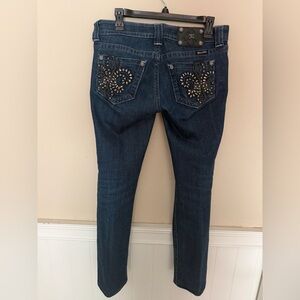 Miss Me Dark Blue Straight Leg Jeans with Embellished Pockets